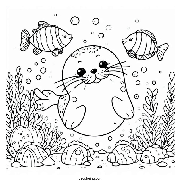Happy Seal Coloring Page Underwater With Fish