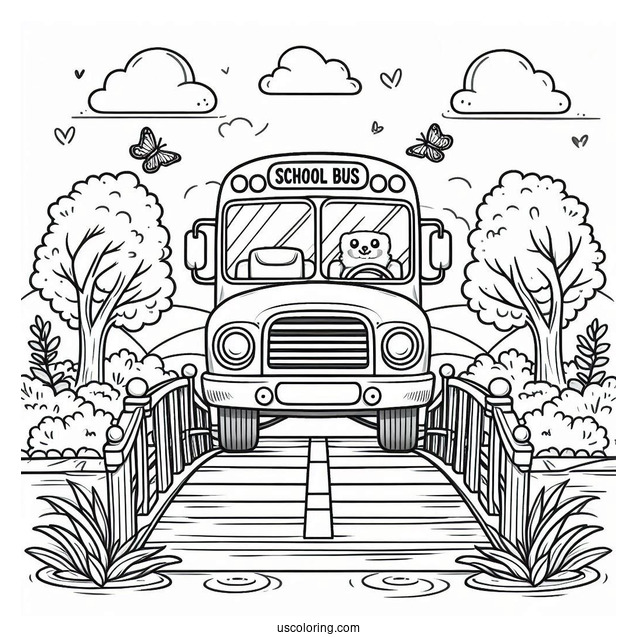 Cute School Bus Coloring Page Crossing A Small Bridge