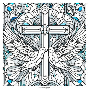 Two Doves Flying To The Cross Stained Glass Coloring Page