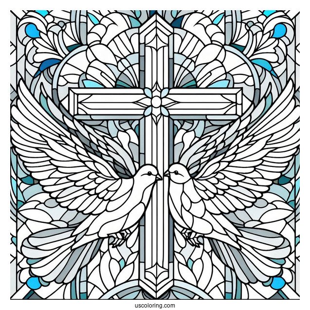Two Doves Flying To The Cross Stained Glass Coloring Page