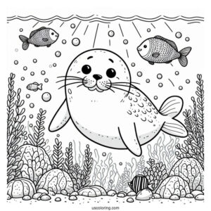 Happy Seal Coloring Page Underwater With Fish