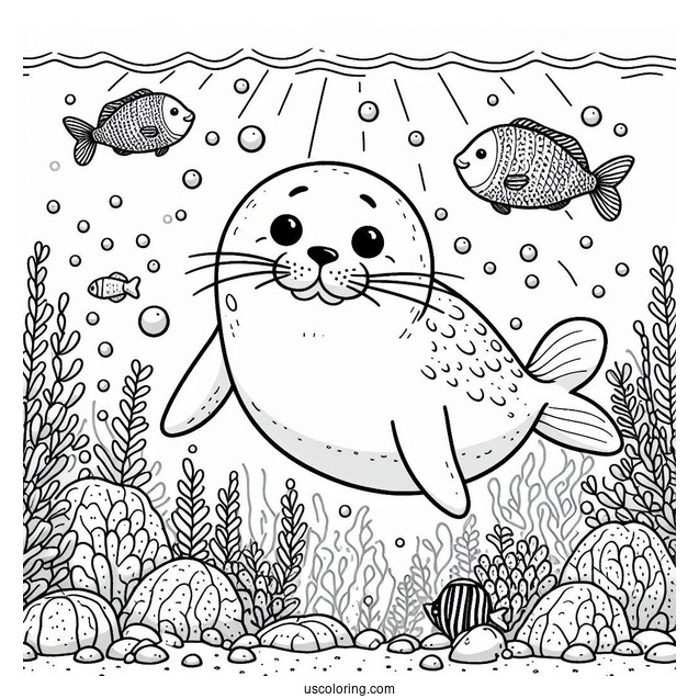 Happy Seal Coloring Page Underwater With Fish