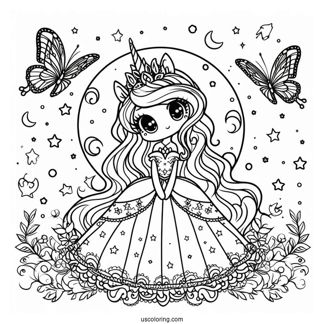 Princess Luna Coloring Page Surrounded By Stars And Butterflies