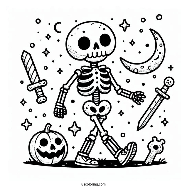 Cartoon Skeleton Coloring Page On Halloween