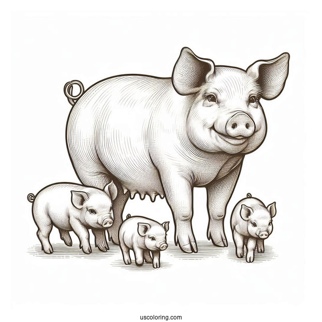 Realistic Mother Pig With Piglets To Color
