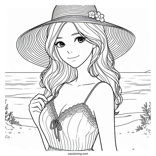 Beautiful Woman In A Summer Coloring Page Outfit At The Beach