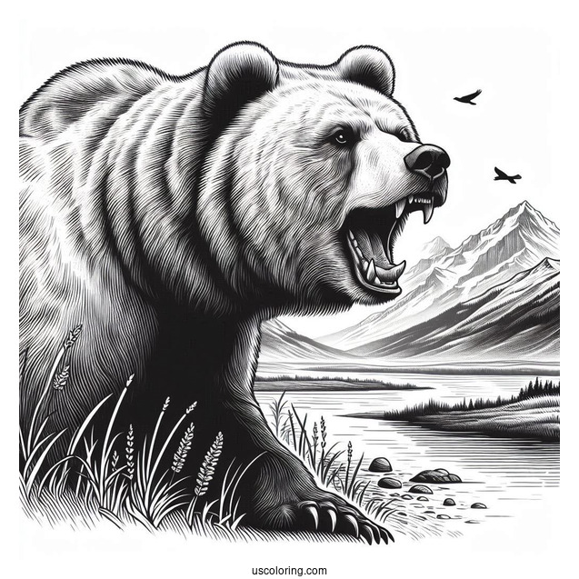 Realistic Roaring Bear Coloring Page