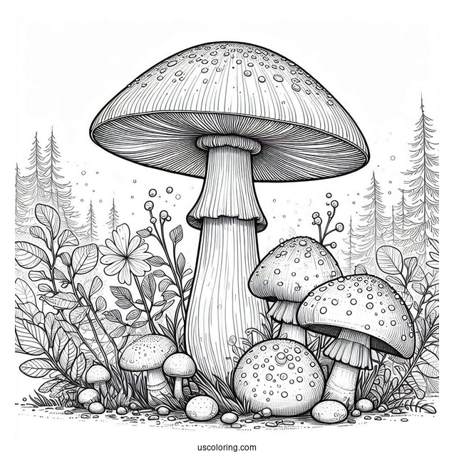 Realistic King Stropharia Mushroom Coloring Page In The Forest