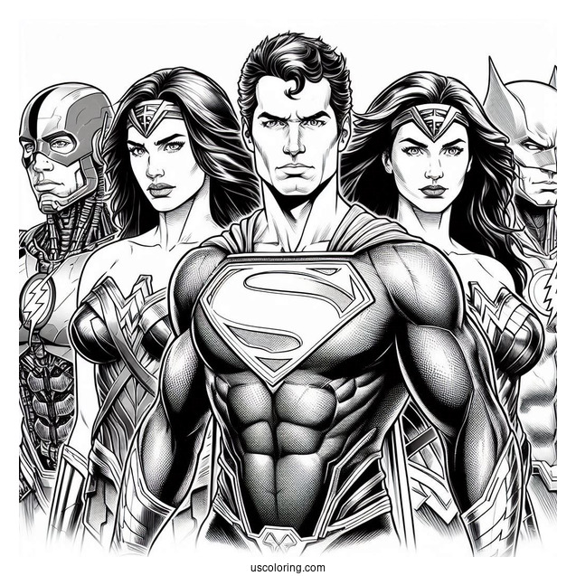 Justice League Coloring Page Of Realistic Superman, Cyborg, Wonder Woman, Aquaman, Flash, And Batman