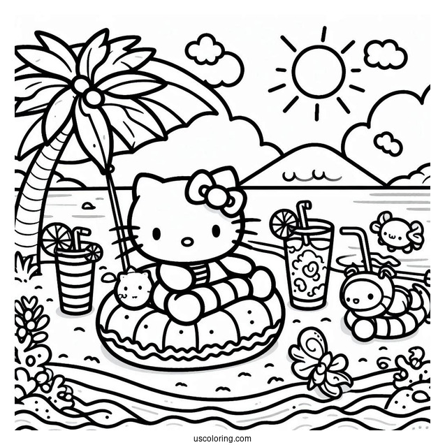 Hello Kitty And Friends Lounging At The Beach Coloring Page