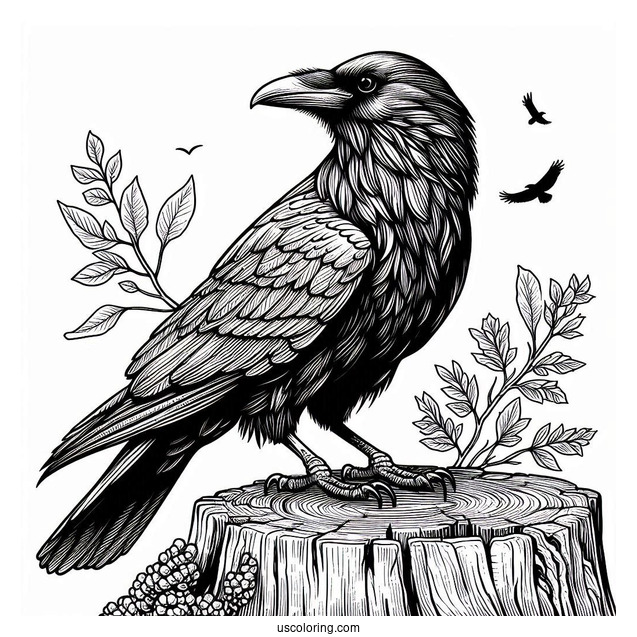 Detailed Raven Coloring Page Perched On A Tree Stump