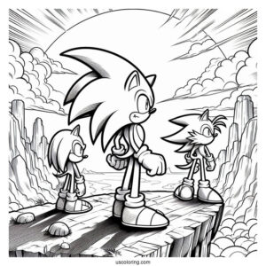 Detailed Sonic,, Knuckles, And Tails Coloring Page Standing On Cliff