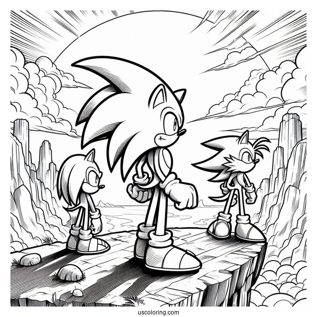 Detailed Sonic,, Knuckles, And Tails Coloring Page Standing On Cliff