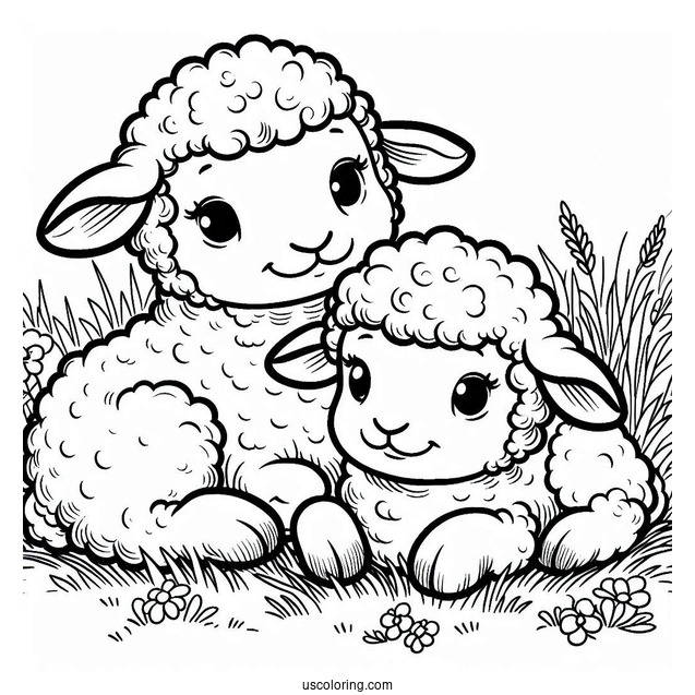 Two Cute Lambs Resting On Grass To Color