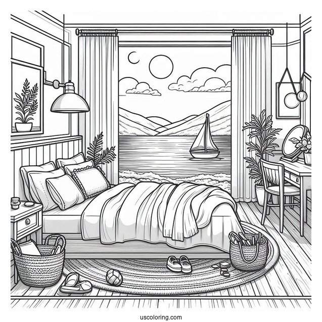 Tidy Bedroom Coloring Page With Scenic Ocean View