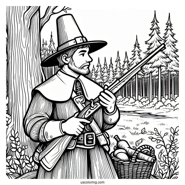 Pilgrim Coloring Page Holding A Musket In The Forest