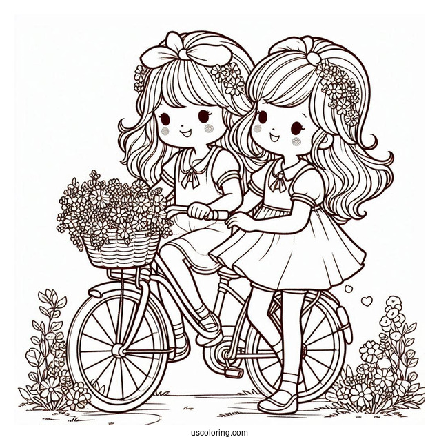Precious Moments Coloring Page Of Two Girls Riding Bicycle
