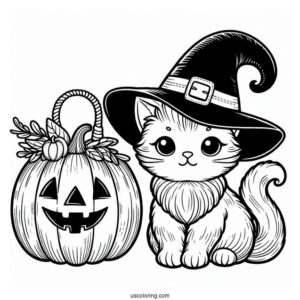 Cat Pumpkin Coloring Page Wearing A Witch Hat