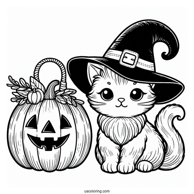 Cat Pumpkin Coloring Page Wearing A Witch Hat
