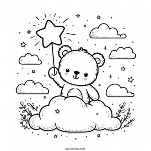 Cute Coloring Page Teddy Bear Holding A Star In The Clouds