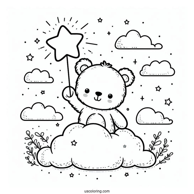 Cute Coloring Page Teddy Bear Holding A Star In The Clouds