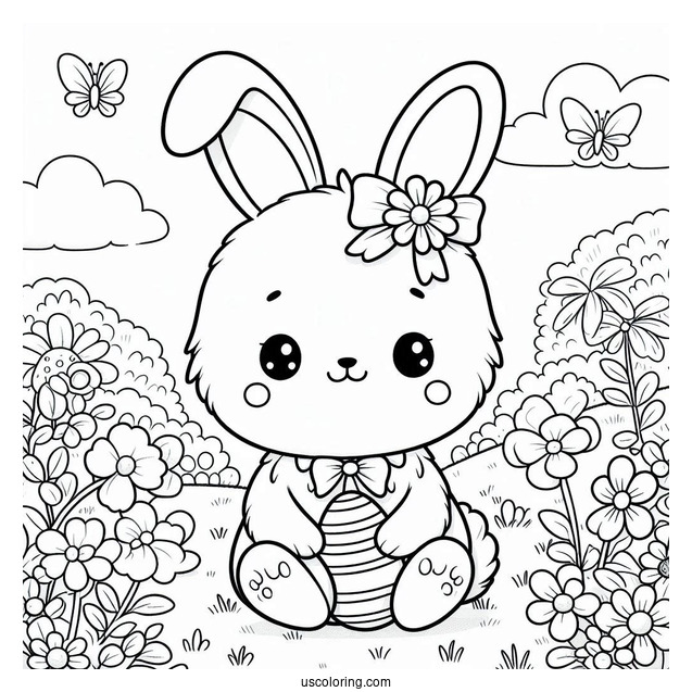 Pretty Little Easter Bunny Coloring Page In Flower Field For Kids