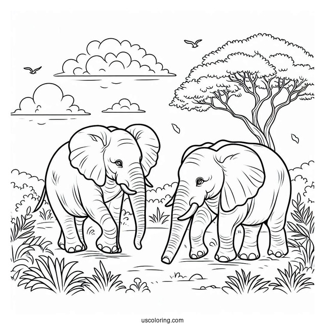 Two Elephants Walking In The Wild Coloring