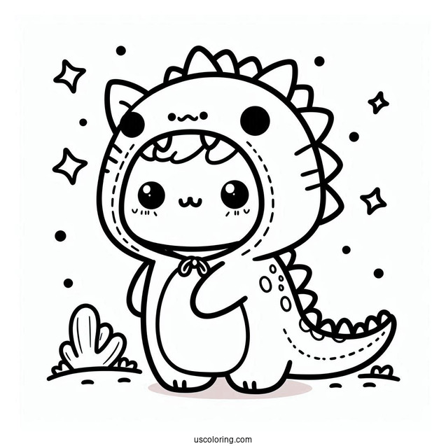 Kawaii Cat In A Dinosaur Onesie Coloring Sheet