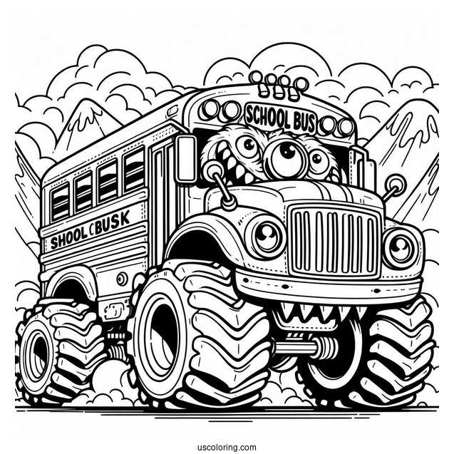 Monster Truck School Bus Coloring Page In The Air