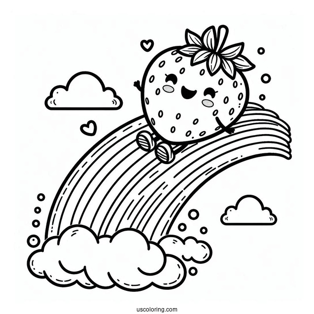 Strawberry Coloring Page On A Cloud Sliding Down A Rainbow
