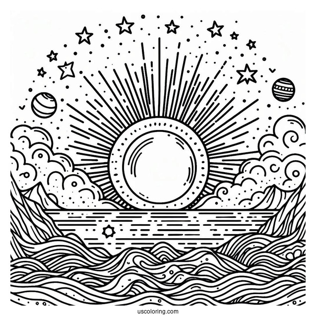 Sun Rising Over The Horizon Coloring Sheet For Kids