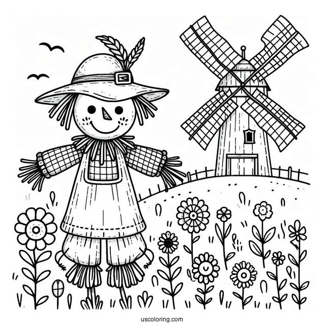 Cute Scarecrow Coloring Page With A Windmill At The Back