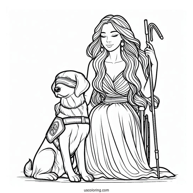Blind Woman With Her Service Dog To Color