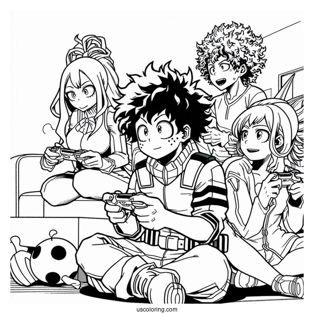 Full Page My Hero Academia Deku Coloring Page Playing Video Game With Friends
