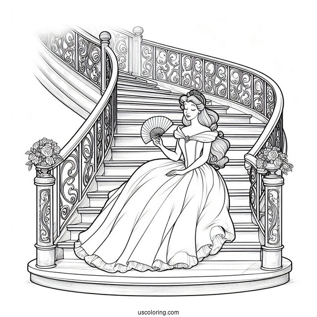 Sleeping Beauty Coloring Page On The Staircase With Belle Holding Fans
