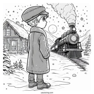 Polar Express Coloring Page Of Lonely Boy Standing In The Snow