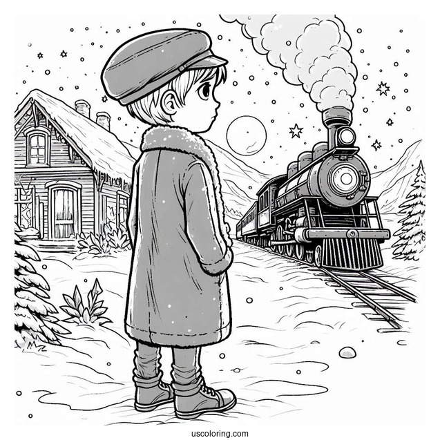 Polar Express Coloring Page Of Lonely Boy Standing In The Snow