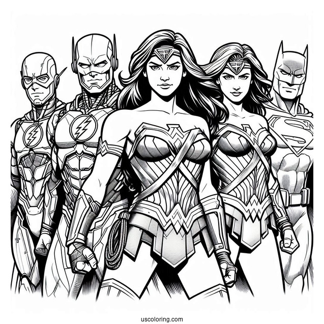 Justice League Coloring Page Of Cyborg, Green Lantern, Flash, Wonder Woman, Batman, And Superman