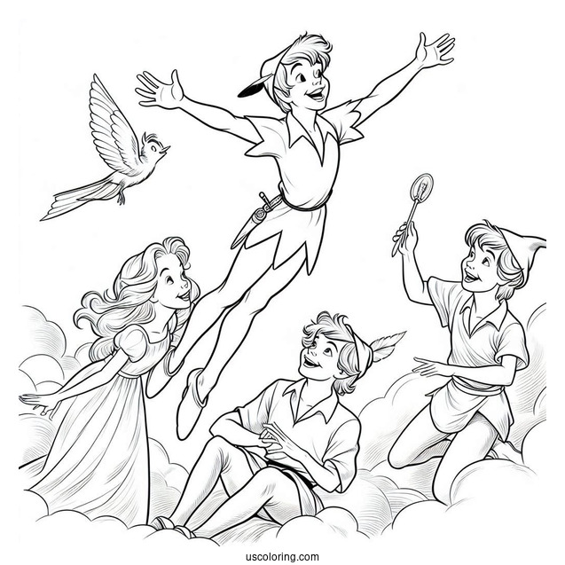 Peter Pan Teaching Wendy, John, And Michael To Fly