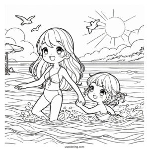 Girl And Boy Swimming At The Beach Coloring Sheet
