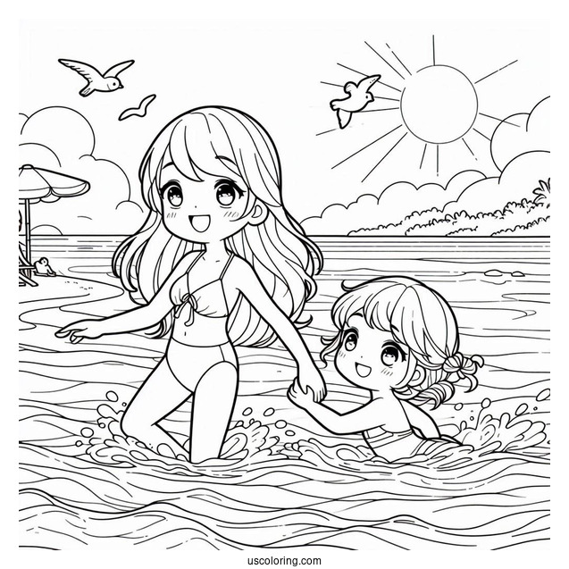 Girl And Boy Swimming At The Beach Coloring Sheet
