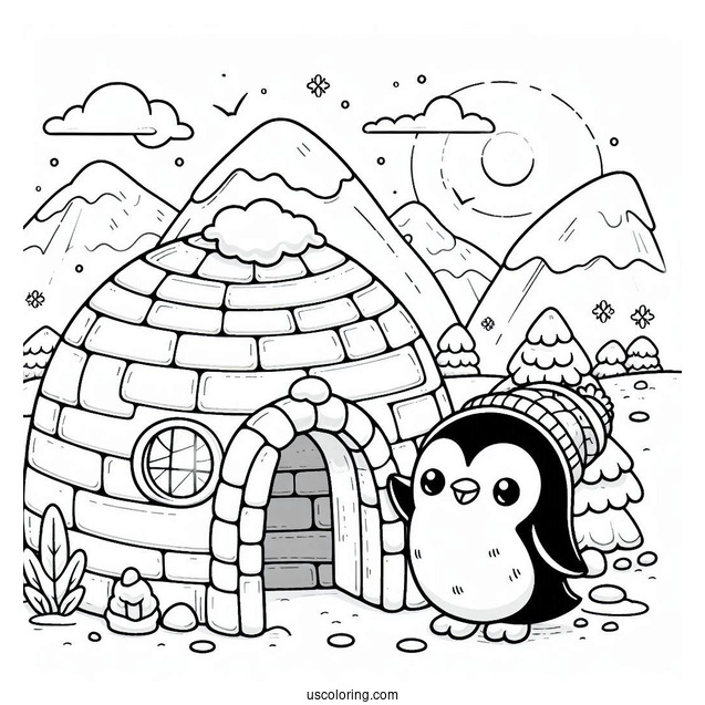Cute Penguin With Igloo Coloring Sheet