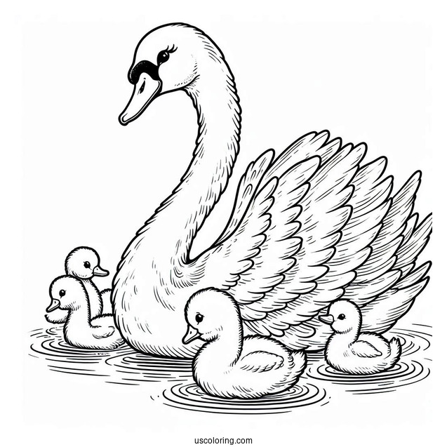 Mama Swan Coloring Page With Baby Cygnets