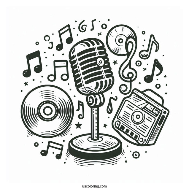 Music Coloring Page Of Retro Microphone, CD, And Musical Note For Preschoolers