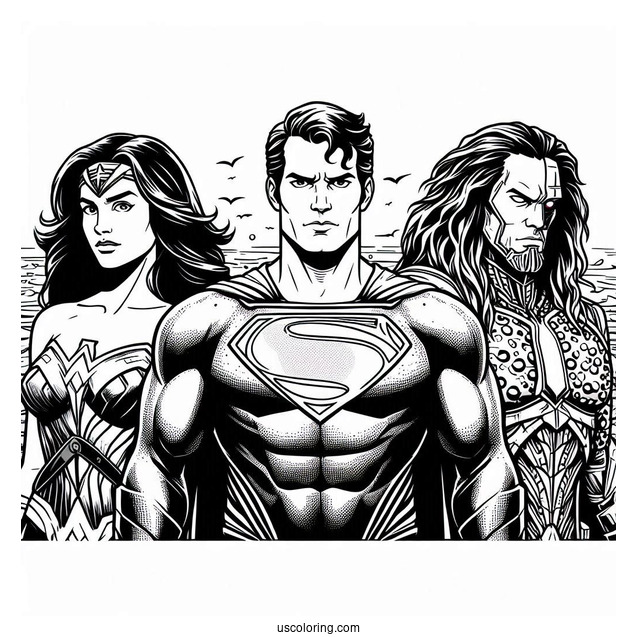 Justice League Aquaman Coloring Page, Superman, Batman, Wonder Woman, And Cyborg