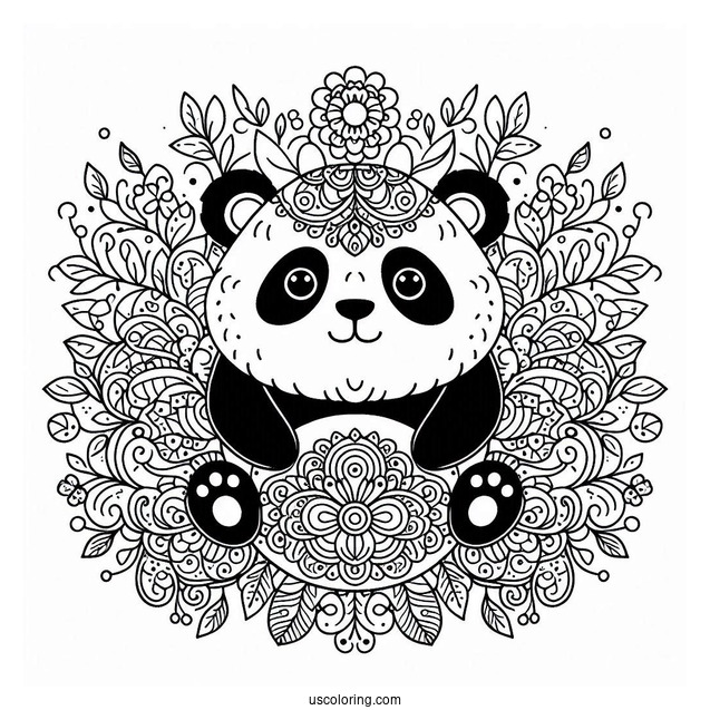Ornamental Panda Coloring Page with Floral Swirls and Mandala Belly Design