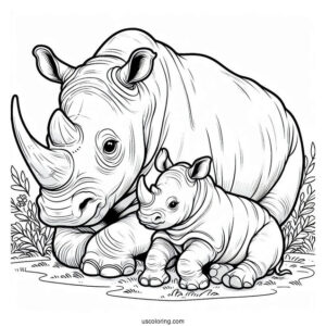 Coloring Page Of New Born Rhino And Mother
