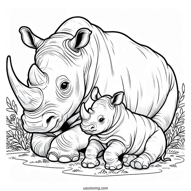 Coloring Page Of New Born Rhino And Mother
