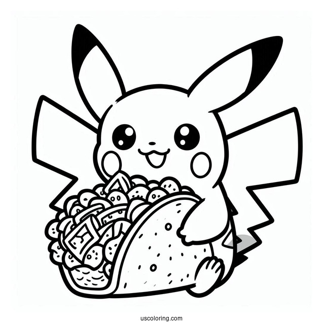 Easy Pikachu Holding A Taco Coloring Sheet For Kids