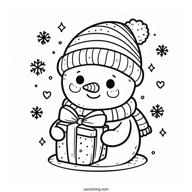 Adorable Snowman Giving a Present To Color